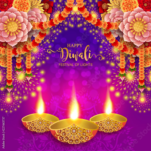 Happy Diwali festival card with gold diya patterned and crystals on paper color Background.