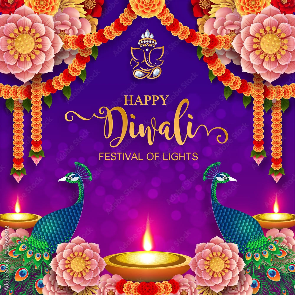 Happy Diwali festival card with gold diya patterned and crystals on paper color Background.