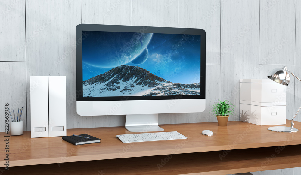 Computer and devices on modern wooden desk interior 3D rendering Computer and devices on modern wooden desk interior 3D rendering