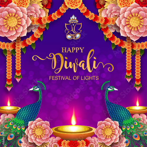 Happy Diwali festival card with gold diya patterned and crystals on paper color Background.