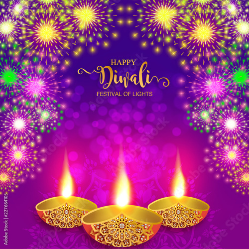 Happy Diwali festival card with gold diya patterned and crystals on paper color Background.