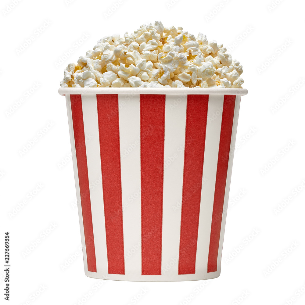 Popcorn in striped paper or carton bucket isolated on white background