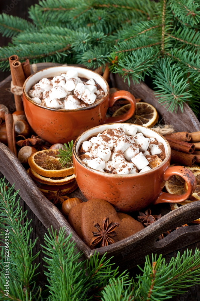 Mugs filled with hot chocolate and marshmallows Mugs filled with hot chocolate and marshmallows