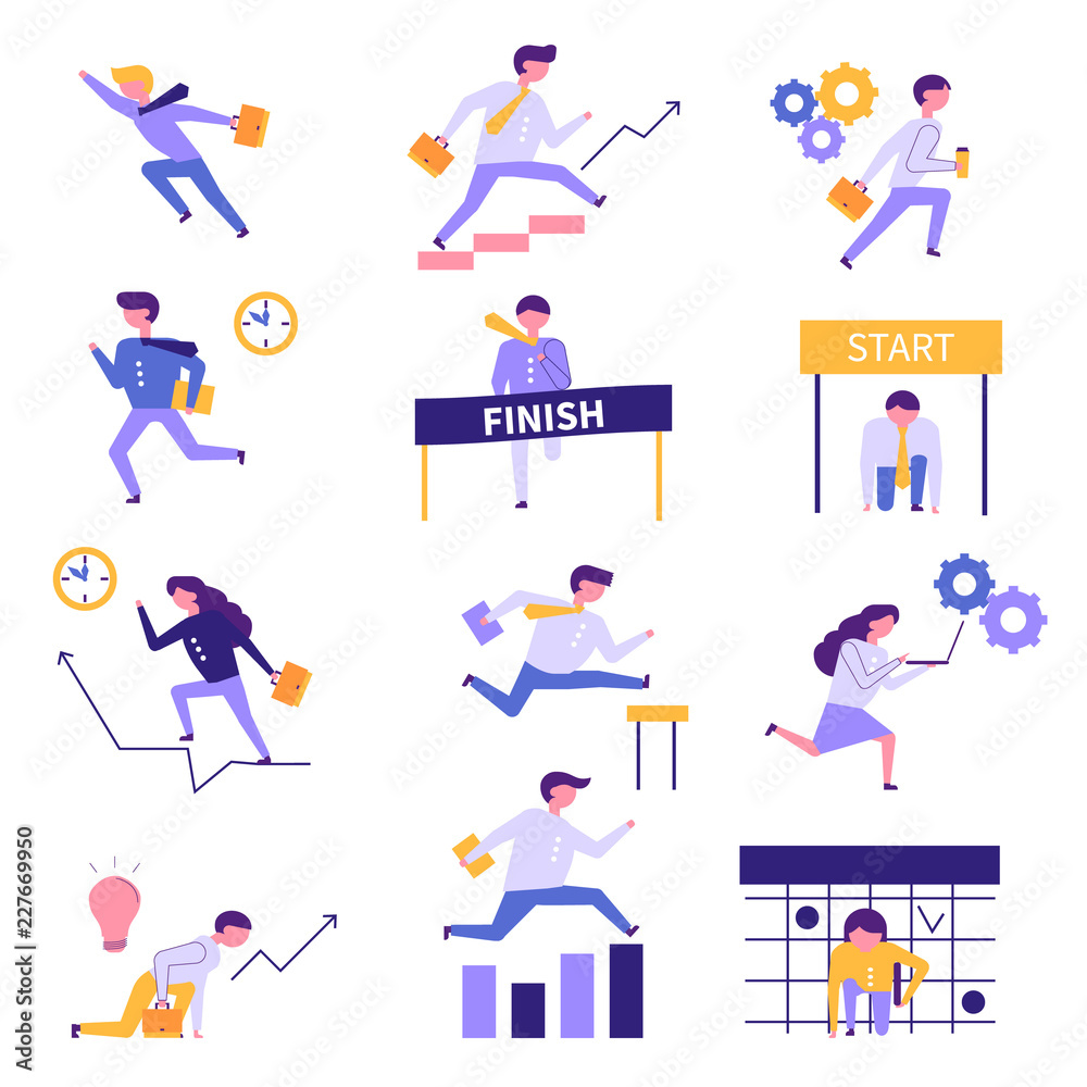 Modern cartoon flat characters running businessman businesswoman start-up,goal achievment business success concept.Geometric people flat-style working,run,jump obstacles,stair climbing icons web page