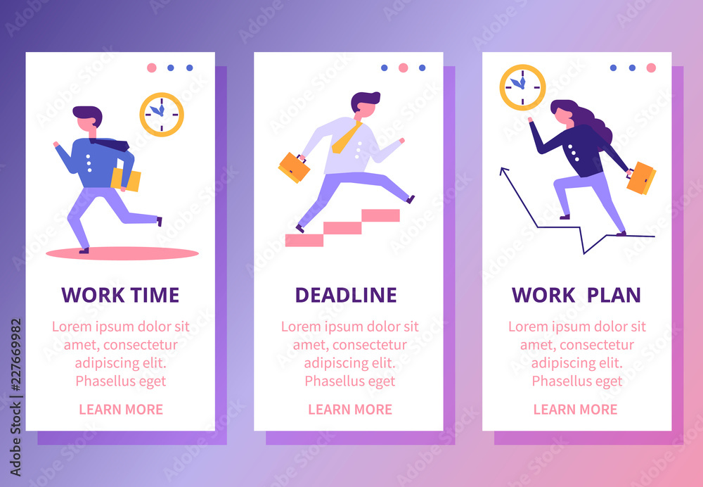 Cartoon flat characters running start-up,goal achievment business success app screen concept.Geometric people flat-style working,run,stair climbing icons web page design