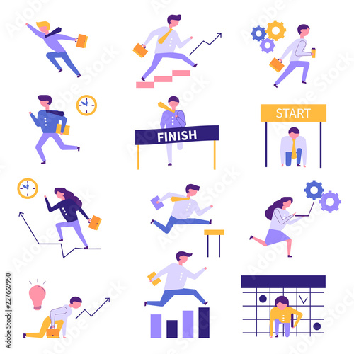 Modern cartoon flat characters running businessman businesswoman start-up,goal achievment business success concept.Geometric people flat-style working,run,jump obstacles,stair climbing icons web page photo
