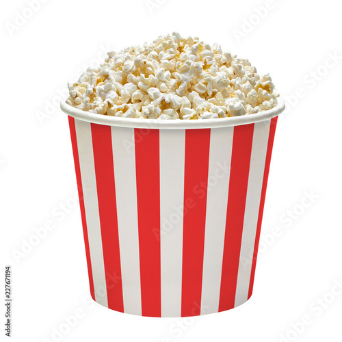 Popcorn in red and white striped cardboard or carton bucket mockup or mock up template isolated on white background