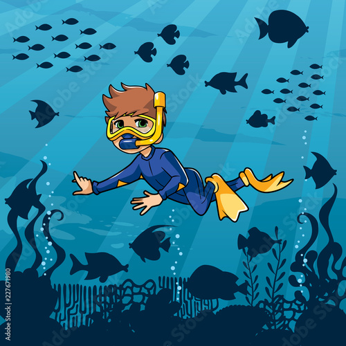 Illustration of little boy wearing diving mask, swim fins and neoprene suit while snorkeling in coral reef.