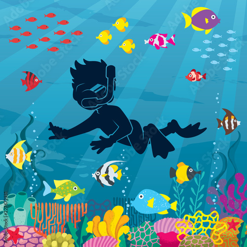 Illustration of little boy wearing diving mask, swim fins and neoprene suit while snorkeling in coral reef.