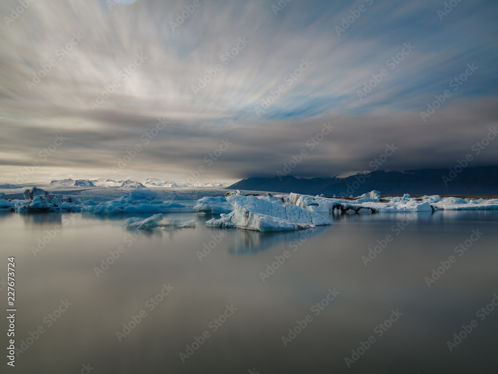 blue icebergs in lagoon, ultra long exposure