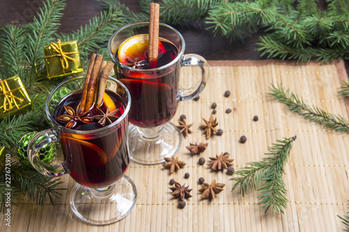 Mulled wine with spices-winter hot drinks. Star anise, cinnamon.