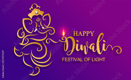Happy Diwali festival card with gold diya patterned and crystals on paper color Background.