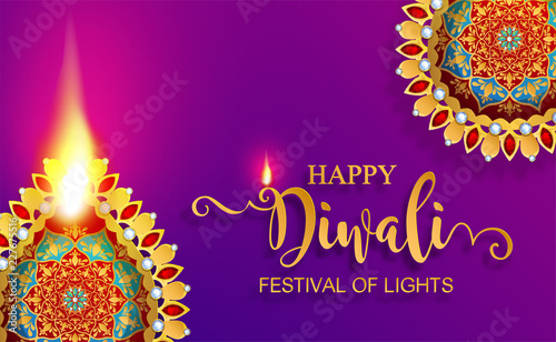 Happy Diwali festival card with gold diya patterned and crystals on paper color Background.