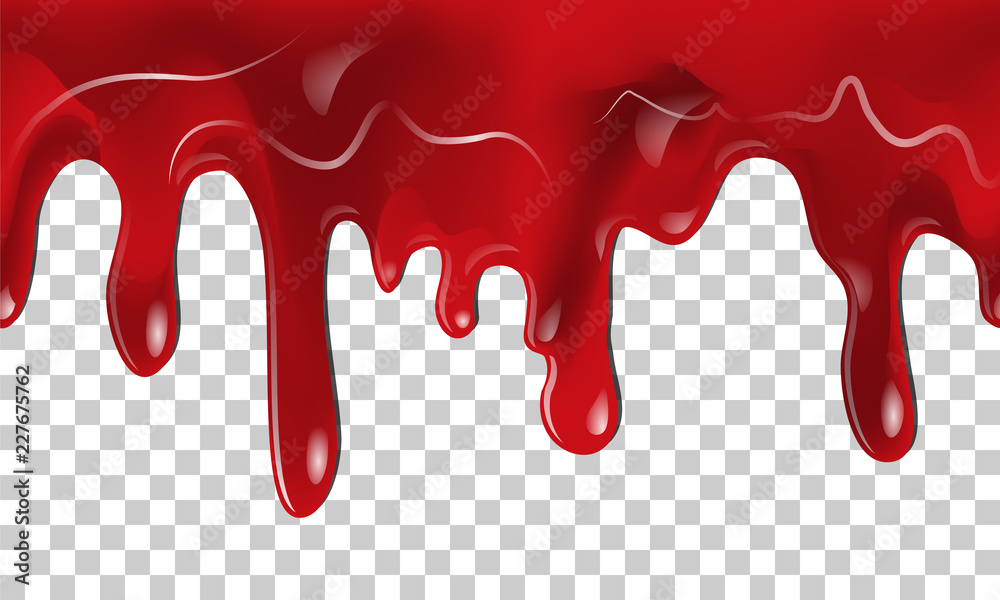 Dripping seamless blood. Flow liquid, drip wet. Thick red ketchup or jam flow down Halloween concept: Blood dripping - Seamless Vector on transparent background
