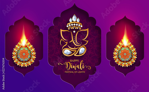 Happy Diwali festival card with gold diya patterned and crystals on paper color Background.