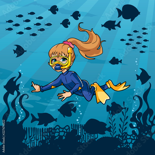 Illustration of little girl wearing diving mask, swim fins and neoprene suit while snorkeling in coral reef.