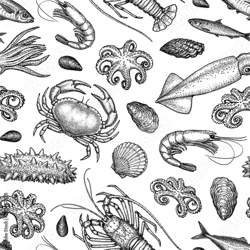 Seamless pattern with seafood and fish.