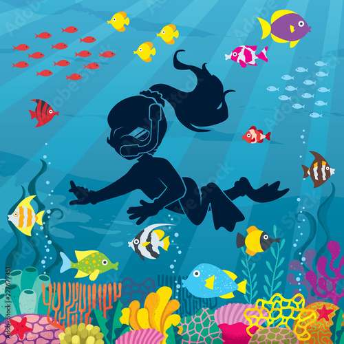 Illustration of little girl wearing diving mask, swim fins and neoprene suit while snorkeling in coral reef.