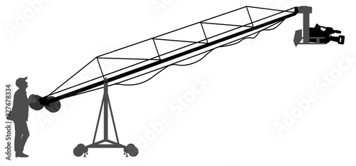 Filming shooting movies, concerts. Videographer, cameraman. Console crane for camera. Silhouette vector
