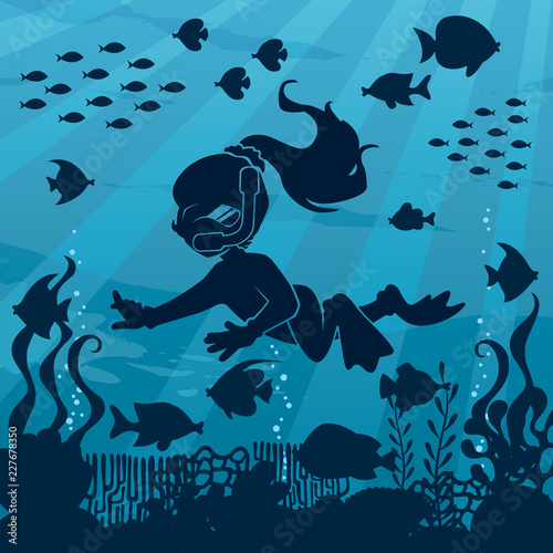 Illustration of little girl wearing diving mask, swim fins and neoprene suit while snorkeling in coral reef.