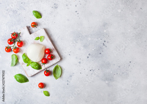 Fresh Mozzarella cheese on vintage chopping board with tomatoes and basil leaf on stone kitchen table background. Space for text