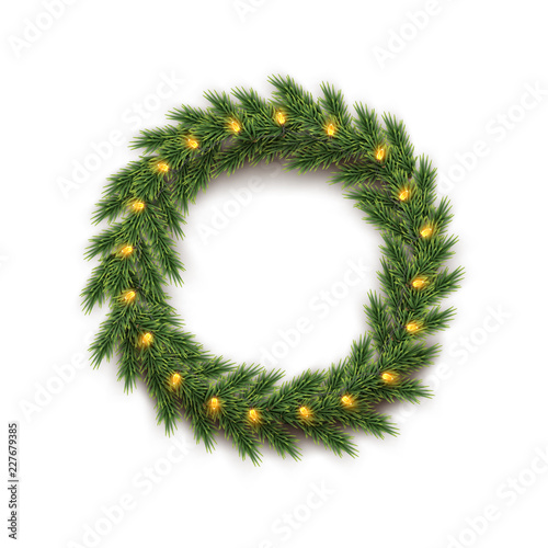 Fir wreath with yellow bulb garland isolated on white background. Vector design element.
