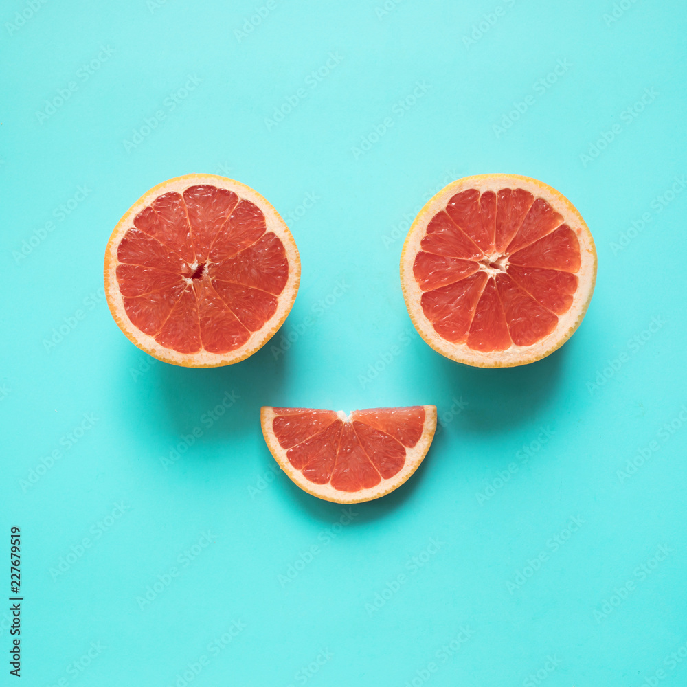 Be smile concepts with red orange food on blue background.summer holiday