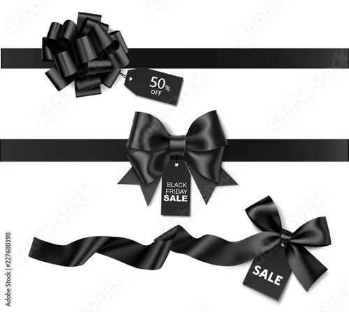 Decorative horizontal black ribbon with bow and price tag for black friday sale design. Vector decoration and label