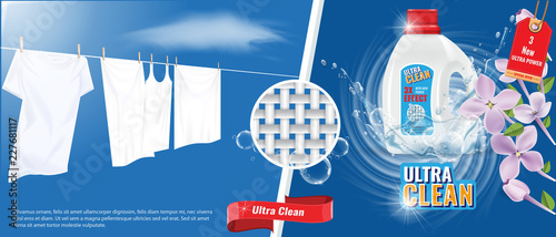 Laundry detergent advertisement template with water splash effect, white clothes and nice flowers. Vector Illustration.