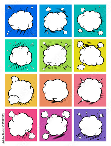 Set of templates for cartoon background. Boom comic book explosion, speech bubble vector illustration.