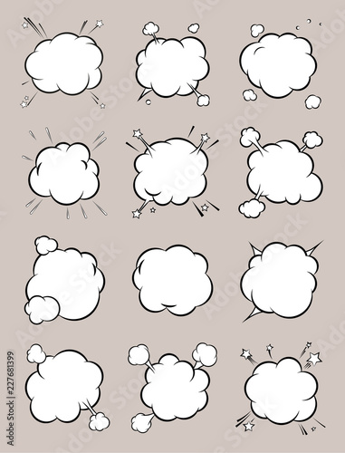 Set of templates for cartoon background. Boom comic book explosion, speech bubble vector illustration.