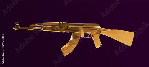 Gold Submachine Kalashnikov or AK47 Vector Illustration Low Poly 3D Rendering
