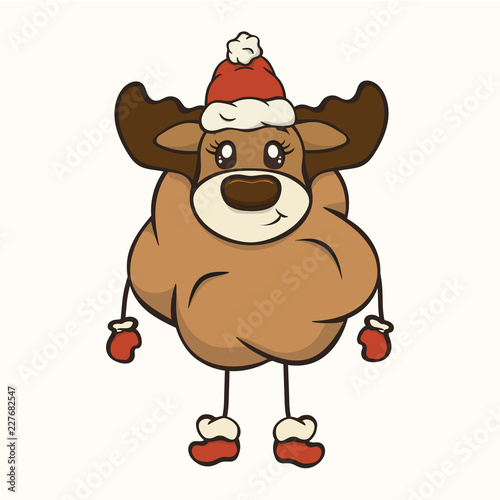 Vector image of a New Year's deer in Santa Claus's clothes. Merry Christmas and Happy New Year design in traditional style, greeting card. Rudolf in Santa's hat. Cute funny reindeer for children.