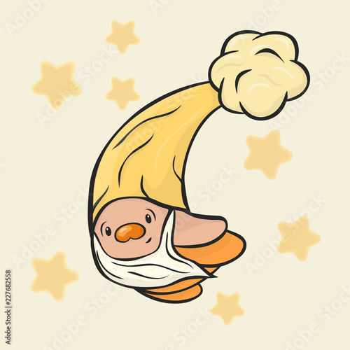 Little gnome flies in sky, vector image isolated. Magic little man with beard in a cap with pompon flying. Christmas mystery person. Cute cartoon dwarf. Small man fairy-tale character Charmer, wizard.