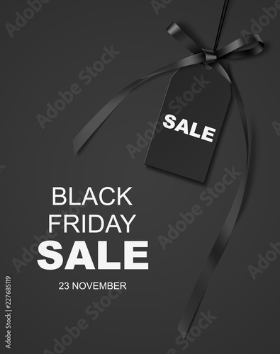 Black friday SALE design template. Vector backgound with decorative price tag and long black ribbon