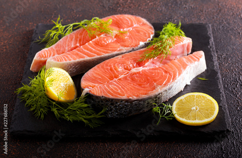 Raw salmon fish steaks