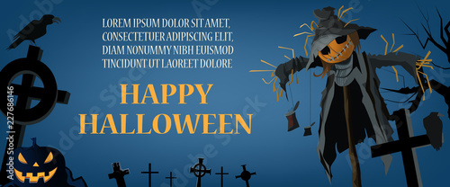 Happy Halloween lettering with sample text and scarecrow. Invitation or advertising design. Typed text, calligraphy. For leaflets, brochures, invitations, posters or banners.