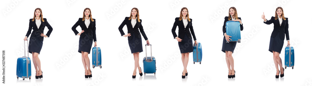 Woman preparing for vacation with suitcase on white Woman preparing for vacation with suitcase on white