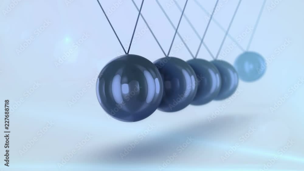 A striking 3d rendering of black steel balls pendulum with waving diagonally beads beating each other in a light blue background with blurred dots. They look impressive and smart in seamless loops. A striking 3d rendering of black steel balls pendulum with waving diagonally beads beating each other in a light blue background with blurred dots. They look impressive and smart in seamless loops.
