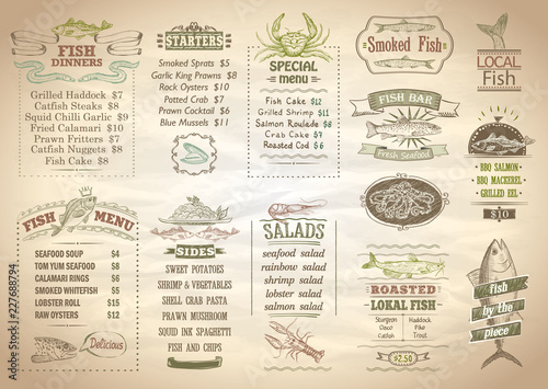 Fish menu set, seafood menu, copy space for text