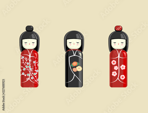 Japanese doll. Oriental toy, souvenir, sign. The girl in the kimono. Vector.