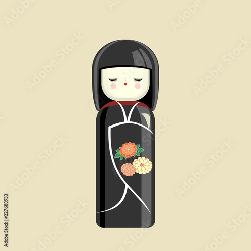 Japanese doll. Oriental toy, souvenir, sign. The girl in the kimono. Vector.