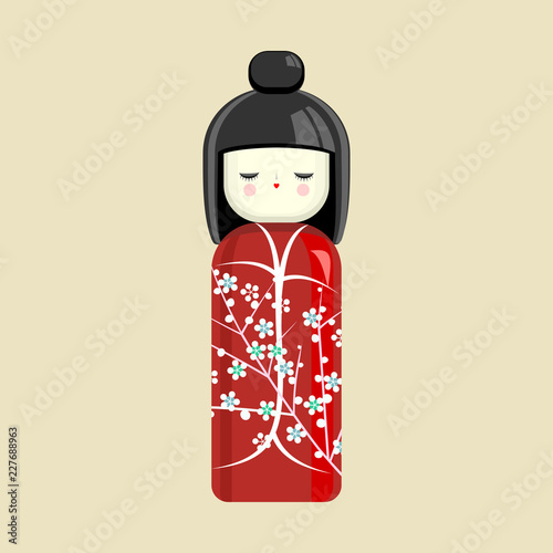 Japanese doll. Oriental toy, souvenir, sign. The girl in the kimono. Vector.