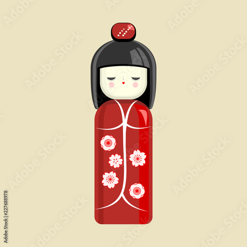 Japanese doll. Oriental toy, souvenir, sign. The girl in the kimono. Vector.