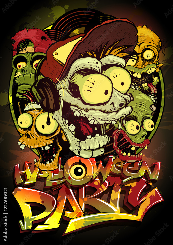 Halloween party poster with monsters crowd