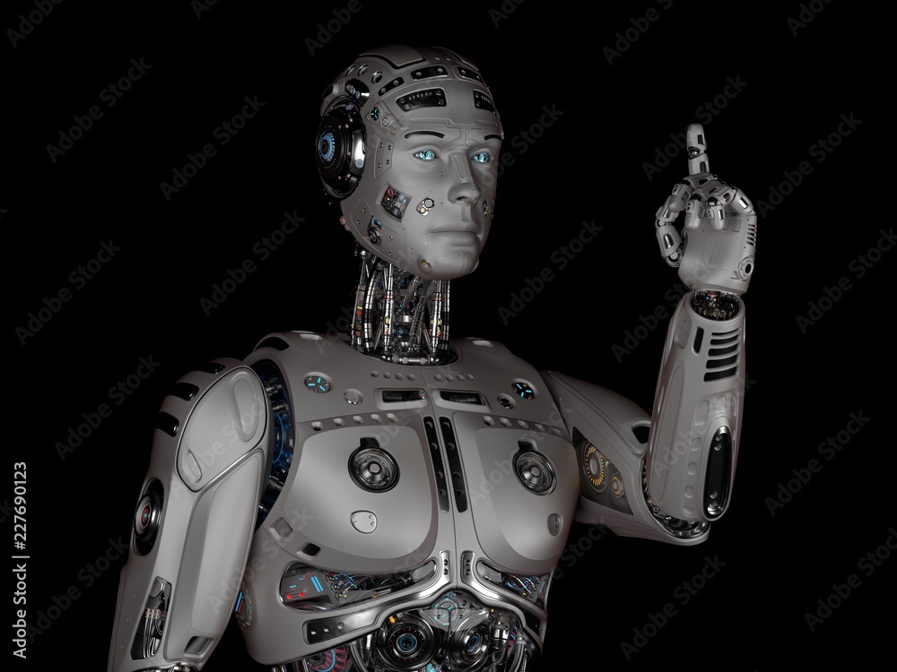 Futuristic robot man pointing his fingher upwards. Isolated on black background. 3D render. Futuristic robot man pointing his fingher upwards. Isolated on black background. 3D render.