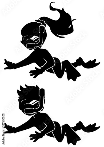 Full length silhouette illustration of two children, boy and girl, wearing diving mask, swim fins and neoprene suit while snorkeling against white background.