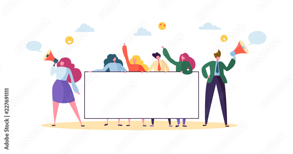 Business Team Holding Horizontal Empty Banner. Happy People with Blank Billboard. Teamwork Advertising Concept Presentation, Announcement. Vector illustration