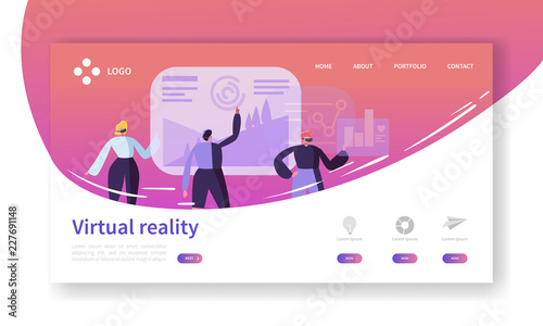 Virtual Reality Landing Page. Augmented Reality Banner with Flat People Characters Website Template. Easy to edit and customize. Vector illustration