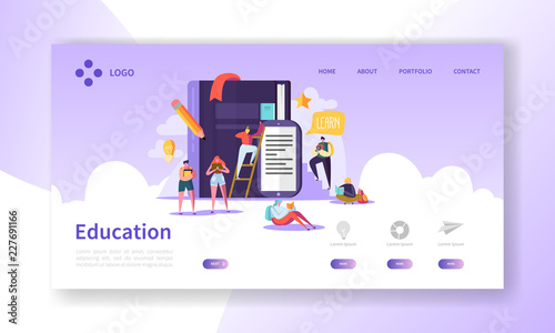 Education and Science Landing Page. Training, Courses Learning with Flat People Characters Website Template. Vector illustration